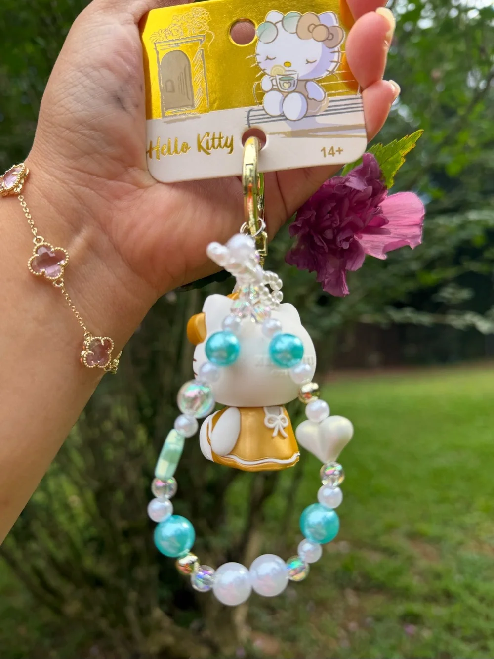 Sanrio Hello Kitty White, Gold & Turquoise Beaded Keychain Charm